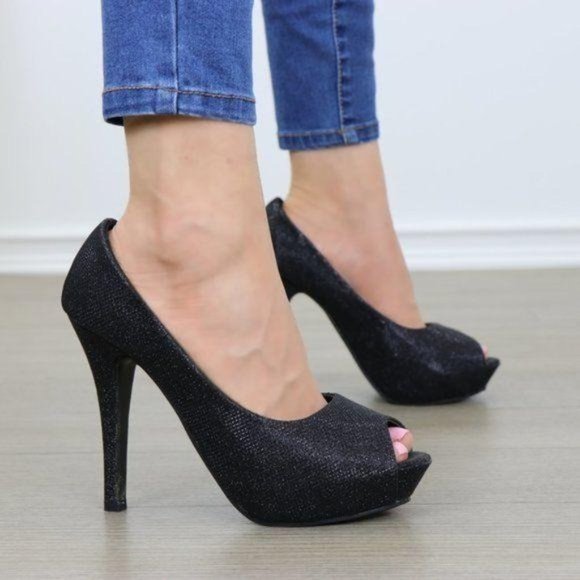 Shoes - Peep Toe Platform Stiletto Glittery Fabric Heels